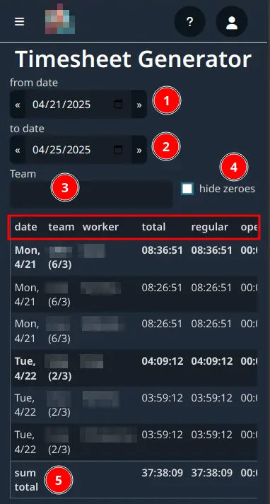 Timesheet page